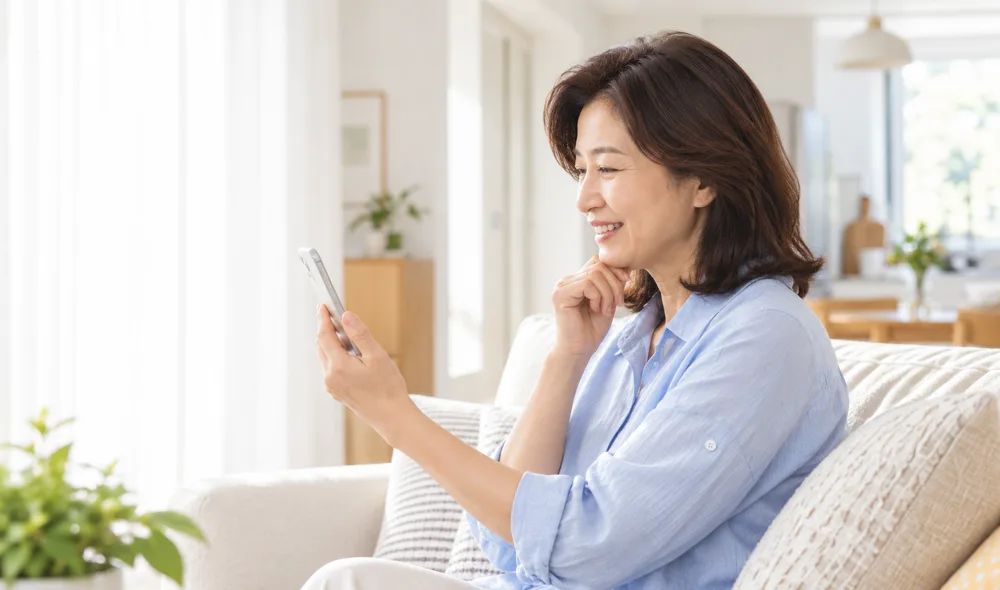 휴대전화로 안내를 확인하는 여성